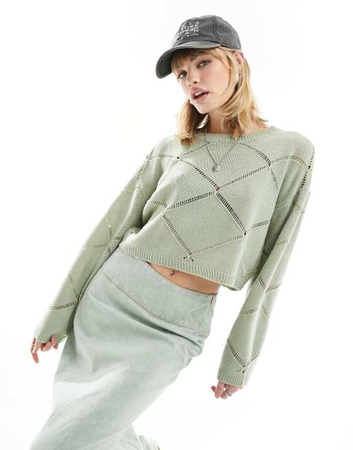Noisy May - Maglione con collo ampio color verde chiaro traforato