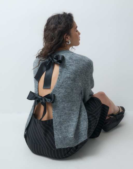 Noisy May maglione con dettaglio fiocco grigio scuro, 1 di 4