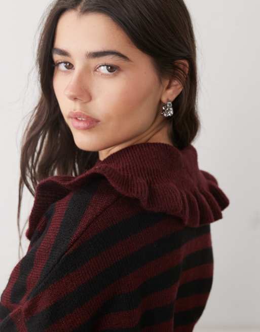 Noisy May - Maglione lavorato bordeaux a righe con colletto alla Peter Pan e scollo serafino, 2 di 4