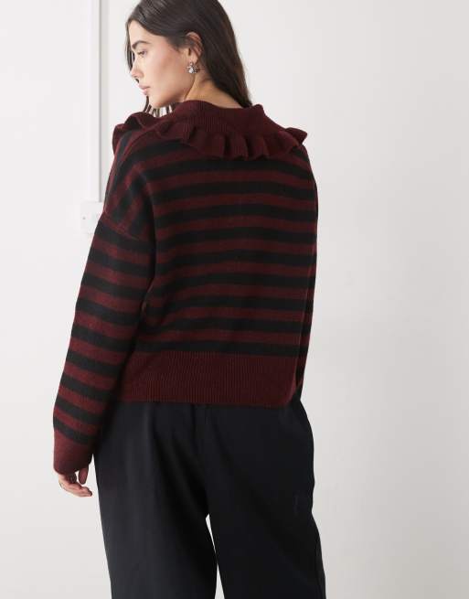 Noisy May - Maglione lavorato bordeaux a righe con colletto alla Peter Pan e scollo serafino, 4 di 4