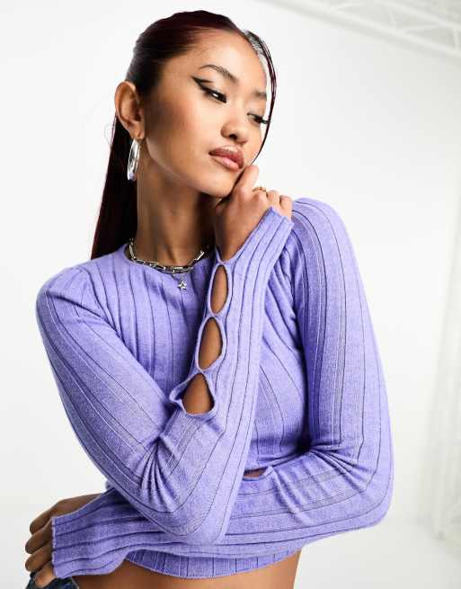 Noisy May - Maglione lilla a coste con maniche in maglia traforata