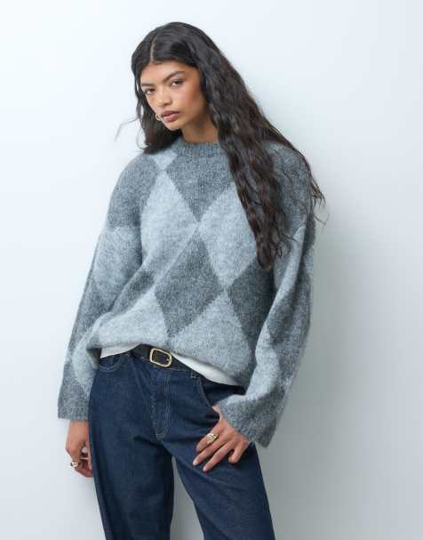 Noisy May maglione oversize spazzolato a girocollo con motivo argyle grigio - view 1