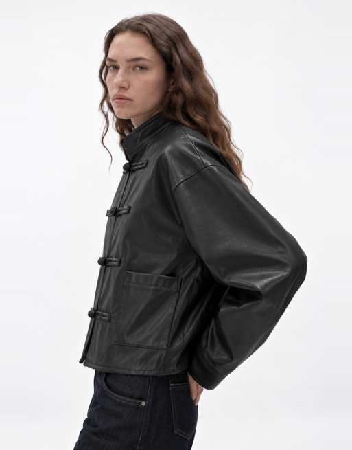 Noisy May mandarin collar faux leather jacket in black, 3 of 4