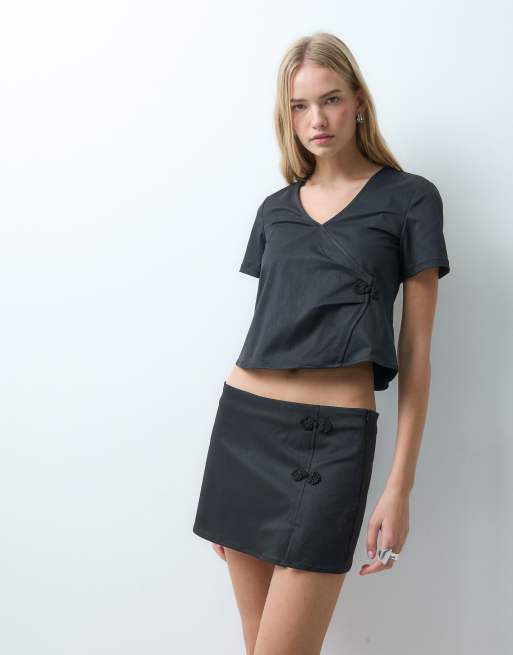 Noisy May mandarin style split mini skirt set in black, 2 of 5
