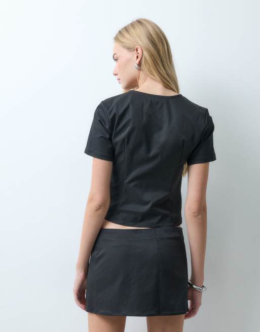 Noisy May mandarin style split mini skirt set in black, 4 of 5
