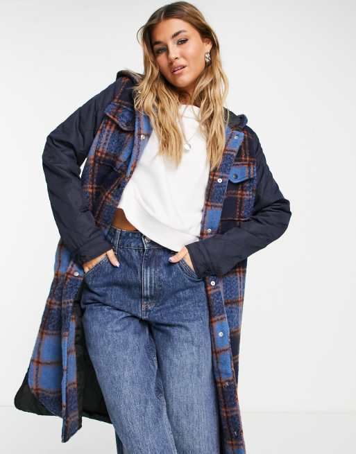 Noisy May - Manteau matelassé long avec détails contrastants - Carreaux bleus
