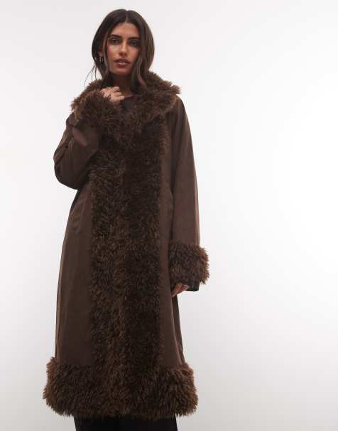 Noisy May Mantel mit Faux-Fur-Besatz in Braun - view 1