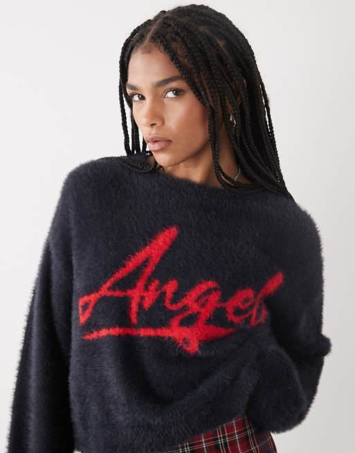 Noisy May – Marinblå, fluffig tröja med textur och Angel-tryck, 2 av 4
