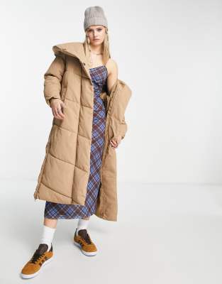 Noisy May maxi hooded padded coat in camel