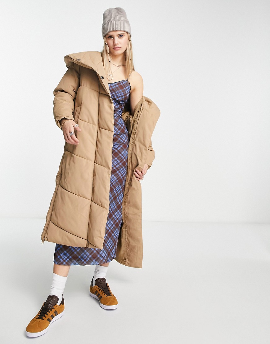 Noisy May maxi hooded padded coat in camel-Neutral