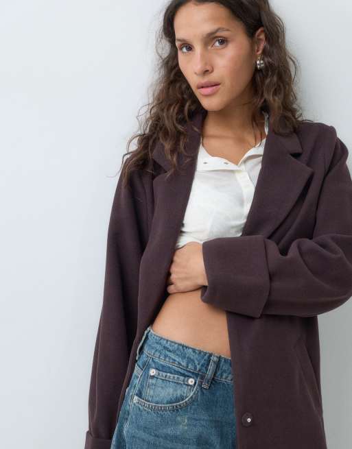 Noisy May maxi-overfrakke i uldlook i chocolate plum, 3 af 5