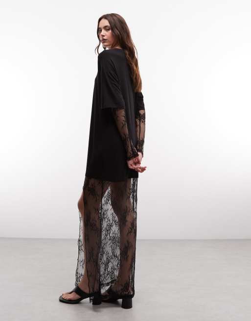 Noisy May maxi t-shirt dress with lace in black, 4 of 4
