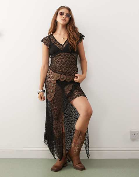 Noisy May – Maxikleid aus Spitze in Schwarz mit asymmetrischem Saum und Kappärmeln - view 1