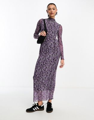 Noisy May mesh exposed seam maxi dress in purple ditsy