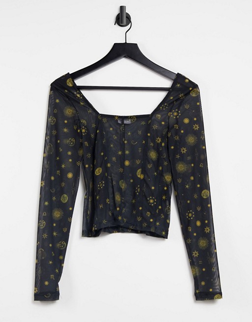 Noisy May mesh top with square neck in black celestial print