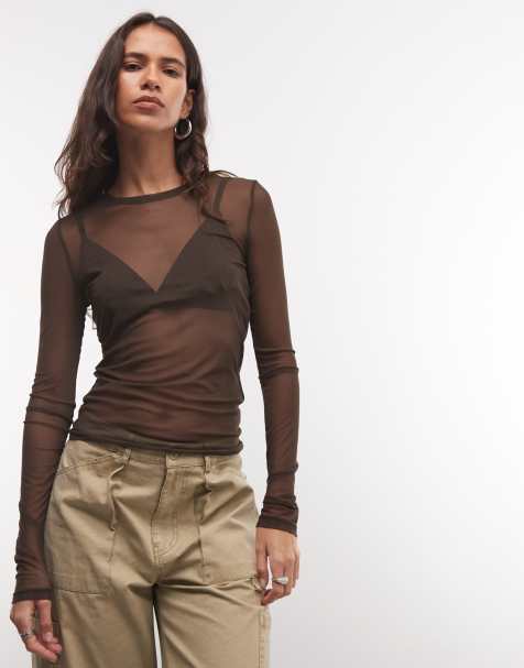 Noisy May mesh long sleeve top in brown - view 1