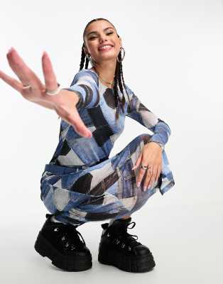 Noisy May mesh maxi dress in blue denim pattern - ASOS Price Checker