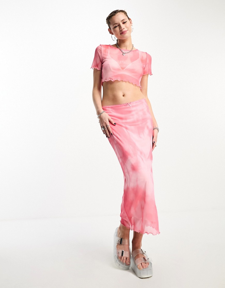 Noisy May mesh maxi skirt co-ord in pink tie dye