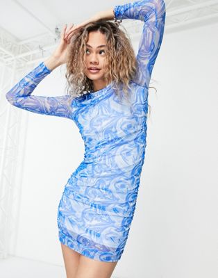 Noisy May mesh mini dress in blue marble print