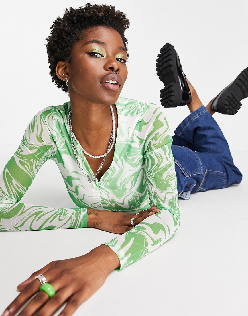 Noisy May mesh rushed top swirl print top in green