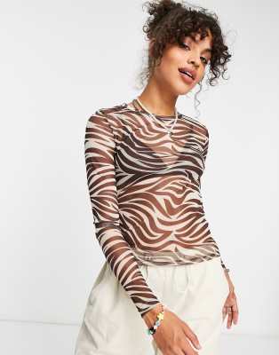 Noisy May Mesh Top In Brown Zebra Print-multi