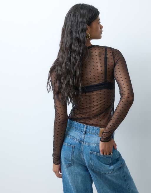 Noisy May mesh top met lange mouwen en hartjes in zwart, 3 van 4