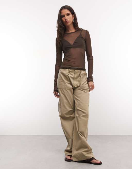 Noisy May mesh top met lange mouwen in bruin, 2 van 4