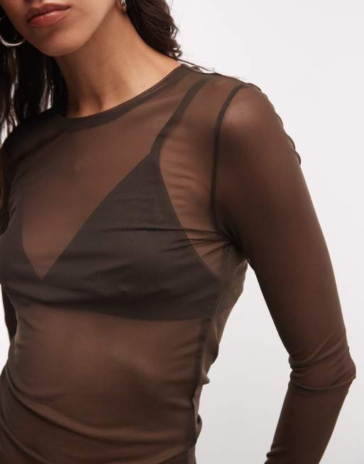 Noisy May mesh top met lange mouwen in bruin, 3 van 4