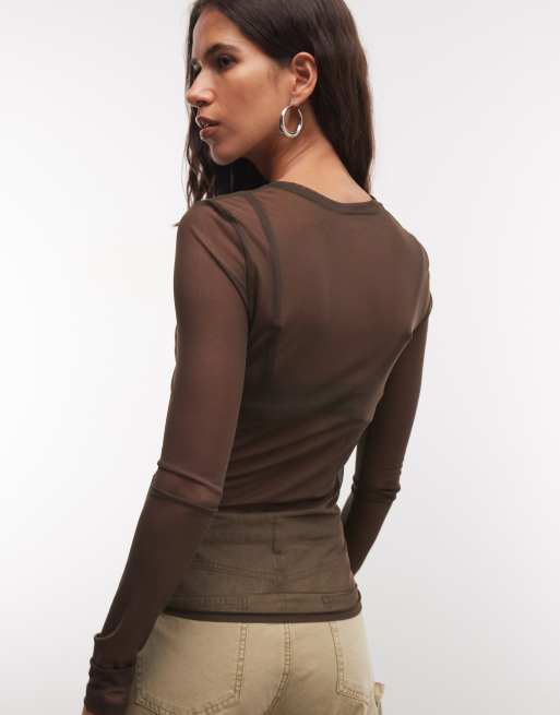 Noisy May mesh top met lange mouwen in bruin, 4 van 4