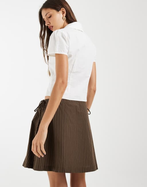 Noisy May mid rise tie side mini skirt in chocolate stripe, 5 of 5