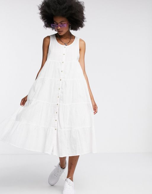 Noisy May midi dress with button through in white