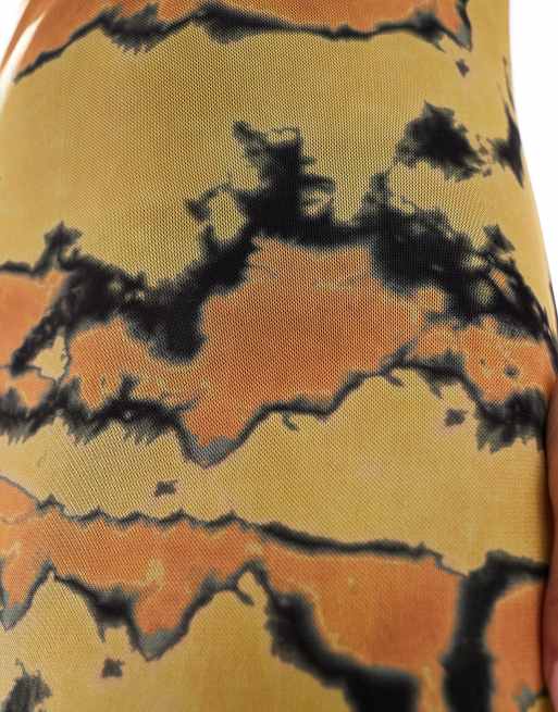Noisy May - Midi-jurk met mesh-overlay in oranje bloemenprint, 3 van 4