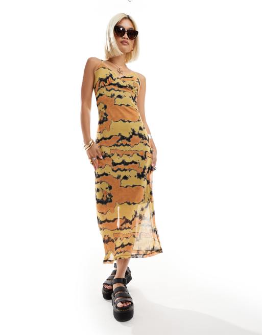 Noisy May - Midi-jurk met mesh-overlay in oranje bloemenprint, 4 van 4