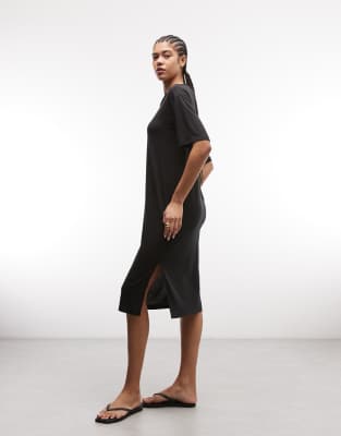Noisy May midi split T-shirt dress in black black
