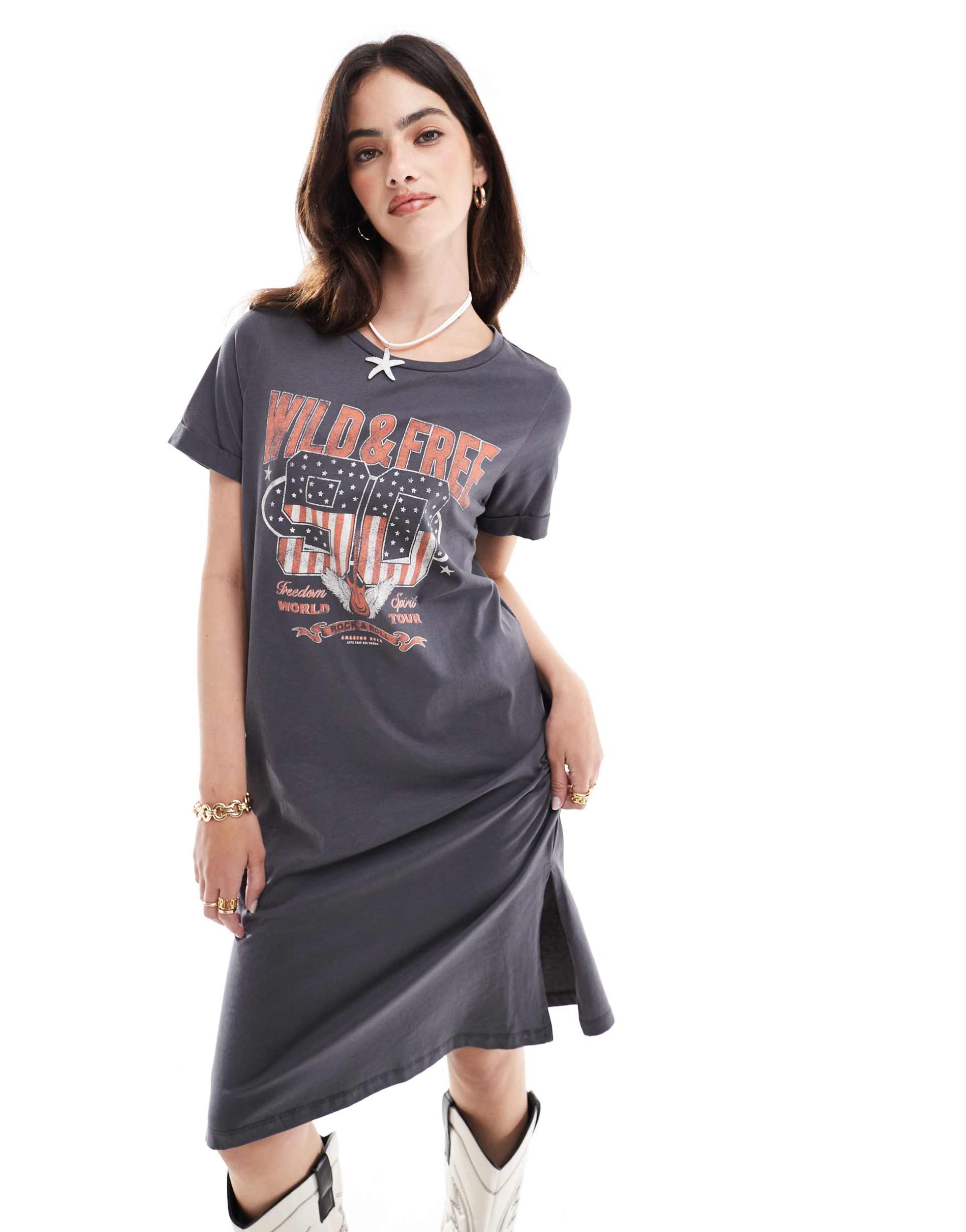 noisy may midi t-shirt dress with wild print in gray