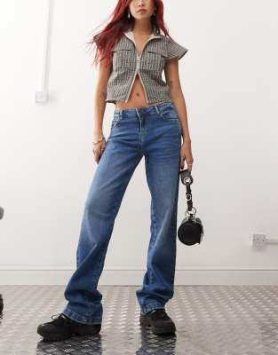 Noisy May Mila Low Rise Wide Fit Jeans In Mid Wash-blue