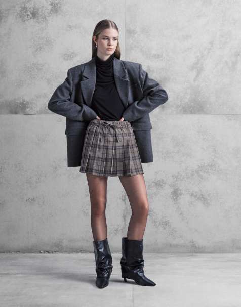 Noisy May - Mini-jupe plissée taille haute à carreaux - Beige - view 1