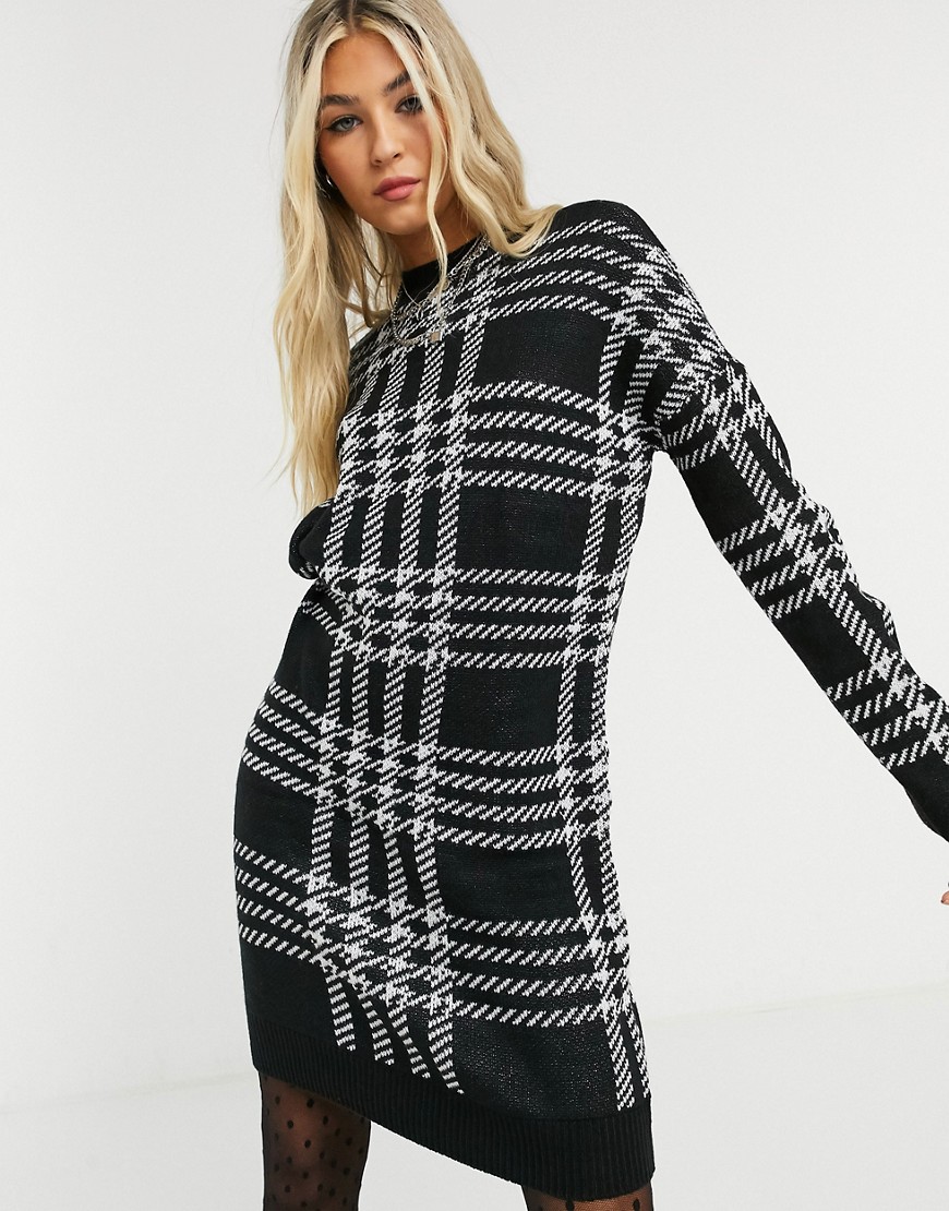 Noisy May mini sweater dress in black and white plaid-Multi