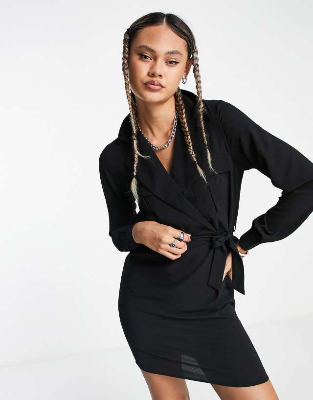 Noisy May mini wrap shirt dress in black