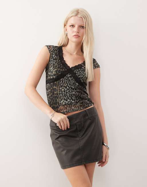 Noisy May - Minigonna stile biker in pelle sintetica nero slavato, 3 di 5