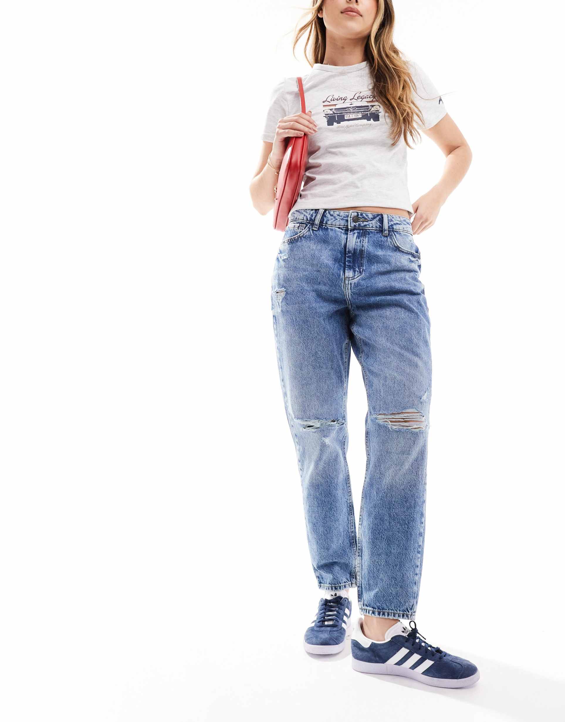noisy may moni high waisted ripped straight leg jeans in mid wash