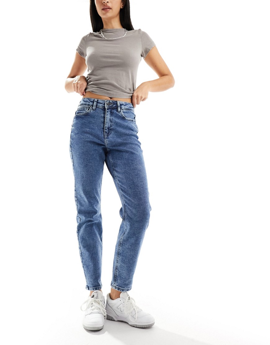 Noisy May Moni High Waisted Straight Jeans In Mid Wash Blue