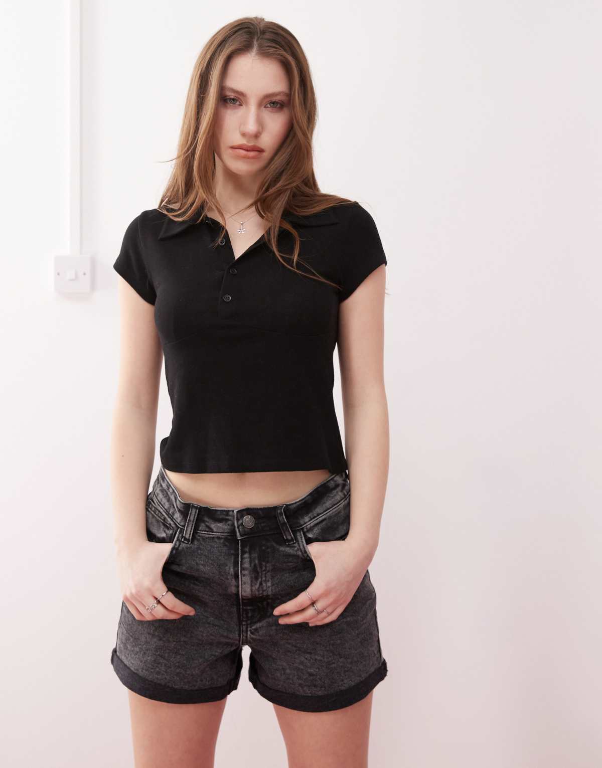 Noisy May Moni high waisted turn up hem denim short in dark grey