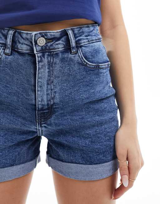 Noisy May Moni high waisted cuffed hem denim shorts in mid wash blue