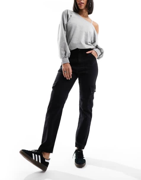 Noisy May Moni high waisted utility cargo jeans in washed black - view 1
