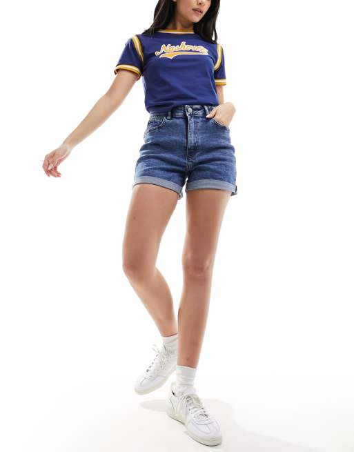 Noisy May - Moni - Pantaloncini di jeans a vita alta blu lavaggio medio con risvolto, 2 di 5