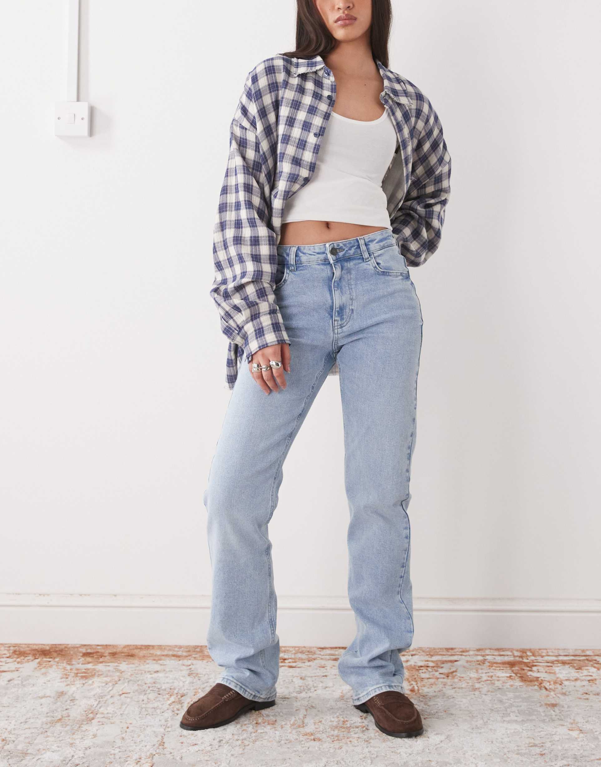 noisy may monica high waist straight leg jeans in light blue denim