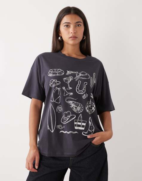 Noisy May – Mörkgrå t-shirt i oversize med somrigt tryck - view 1