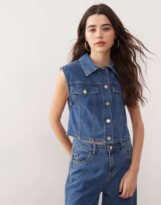Noisy May - Mouwloos denim overhemd in middenblauw, deel van co-ord set