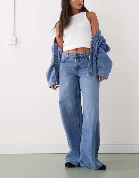 Noisy May low rise wide leg jeans in mid blue denim